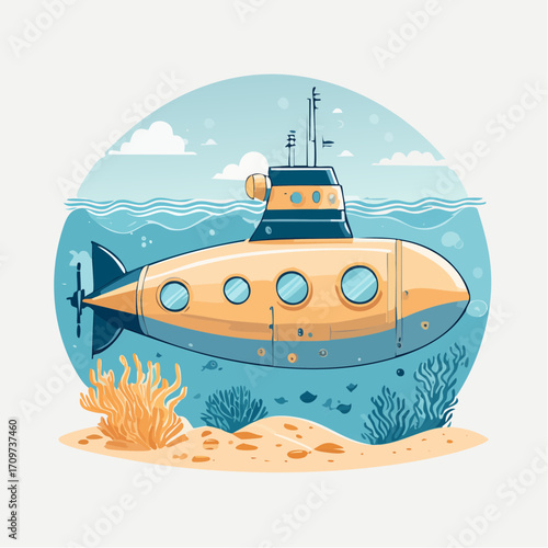 Cheerful Yellow Submarine on an Oceanic Exploration Under the Sea