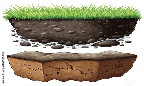 Two layers of soil, one with grass and rocks, one cracked