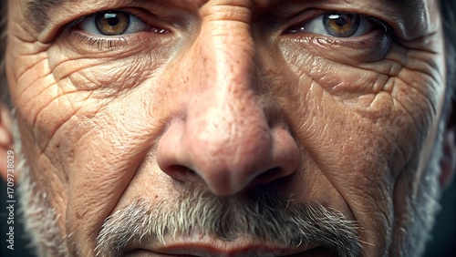 Closeup portrait of an elderly mans face, showing deep wrinkles and a weathered expression, conveying wisdom and life experience.