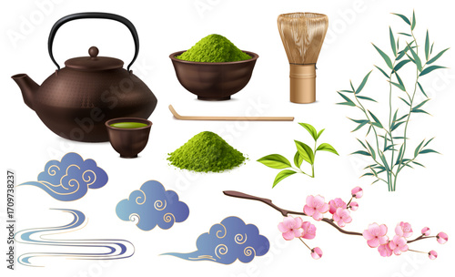 Realistic Detailed Art of Japanese Tea Ceremony Utensils Collection