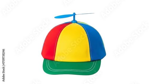 Colorful propeller hat with red, yellow, blue, and green isolated on white background