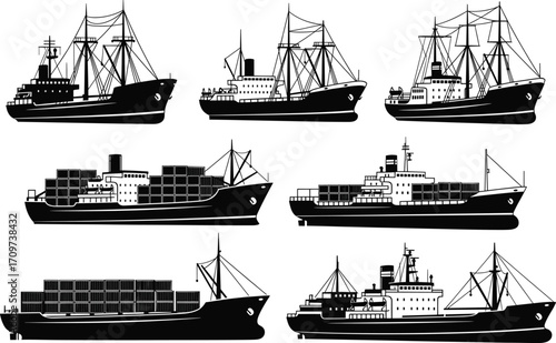 Cargo ship vector set, container vessel silhouettes, maritime transport icons, global shipping illustrations, ocean freight graphics, commercial logistics clipart, black and white