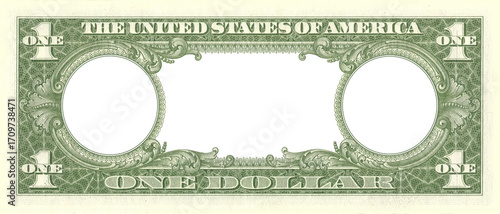 Financial illustration. Empty frame, US one dollar bill. Blank banknote reverse sample. Design element. Toy paper money. Greenback. United States of America