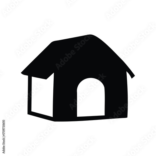 Stylized black and white dog house silhouette with arched entrance design