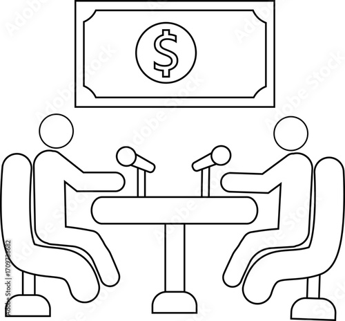 icon of two people on a podcast and icon of dollar bill on a white background