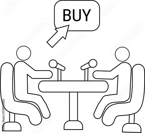 icon of two people on a podcast and a buy button icon with a white background