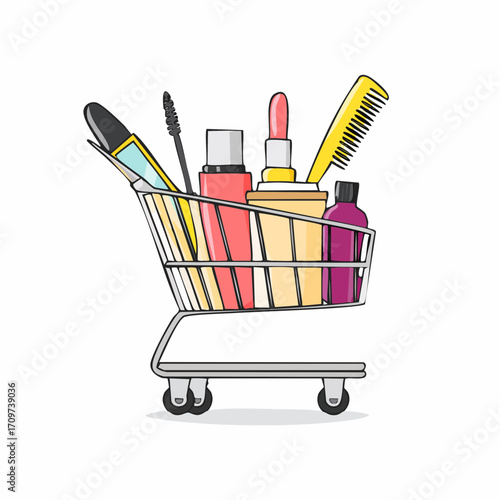 Shopping trolley full of facial serum, hair pin, lipsticks and other hair and skin cosmetic products. Beauty and fashion doodle concept. Vector illustration
