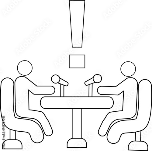 icon of two people on a podcast and an exclamation mark icon with a white background