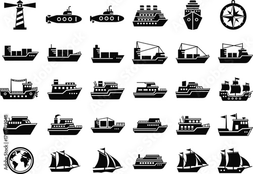 Maritime silhouette icons, ship vector set, nautical transport, cruise, cargo, fishing boat, submarine, lighthouse, compass, globe, sailing, yacht, ferry