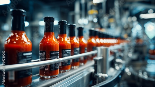 Close-up of tomato sauce bottles on a stainless steel conveyor belt in a factory, concept for food industry production, automated manufacturing and quality control processes