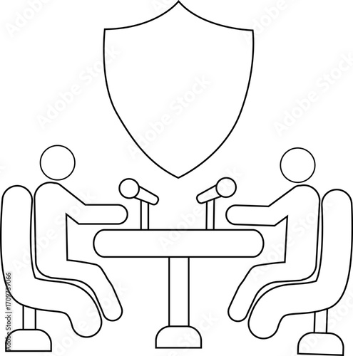 icon of two people on a podcast and a shield icon with a white background