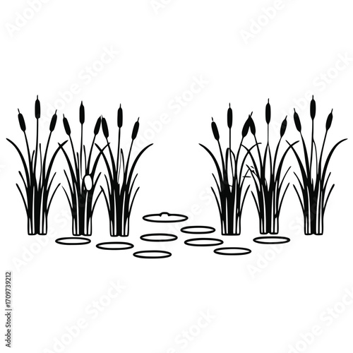 Misty atmospheric swamp scene vector illustration scalable eps icon cattails and lily pads