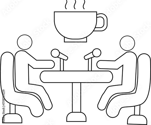 icon of two people on a podcast and icon of a cup of coffee on a white background