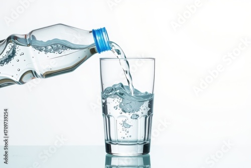 Wallpaper Mural Water pours from a bottle into a clear glass, isolated on a white background. Clean, refreshing image ideal for advertising or editorial use, refreshment, white background, glass Torontodigital.ca