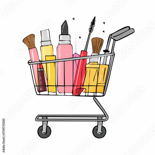 Shopping trolley full of facial serum, hair pin, lipsticks and other hair and skin cosmetic products. Beauty and fashion doodle concept. Vector illustration