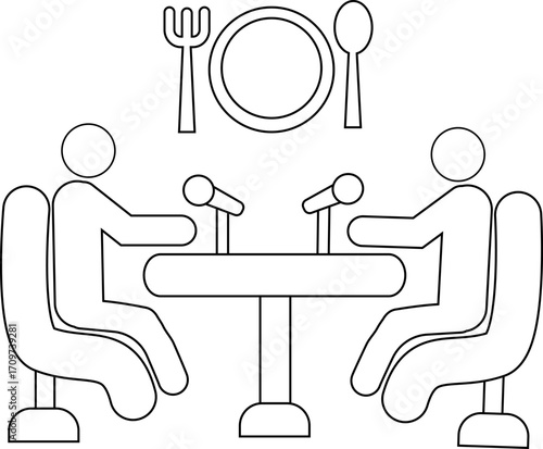 icon of two people on a podcast and icon of a plate and spoon with a white background
