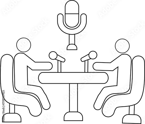 icon of two people podcasting and microphone icon with white background