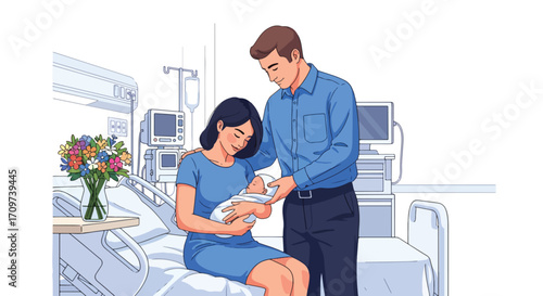 Adobe illustrator artwork vector illustration. A joyful mother holds her newborn baby after a C-section, with her partner standing beside her in a hospital room