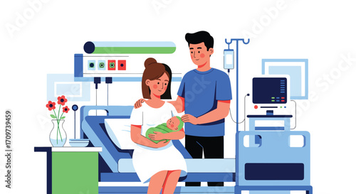 Adobe illustrator artwork vector illustration. A joyful mother holds her newborn baby after a C-section, with her partner standing beside her in a hospital room