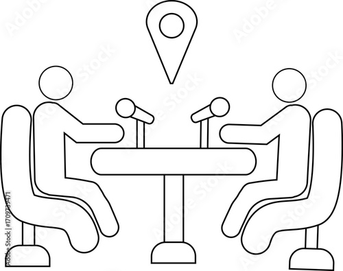 icon of two people on a podcast and a location icon with a white background
