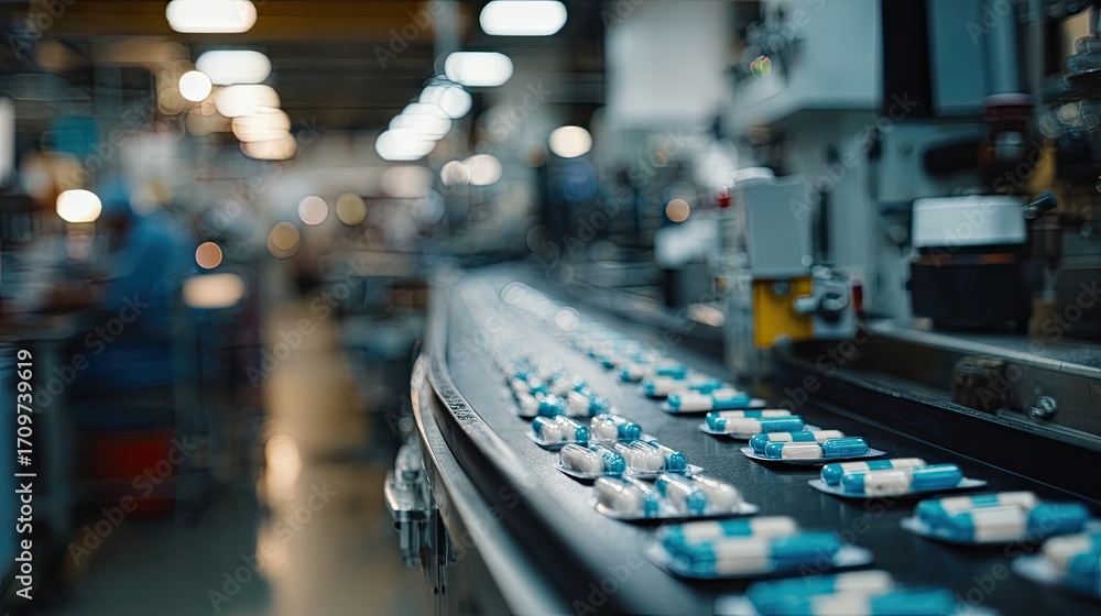 Obraz premium Pharmaceutical capsules on a conveyor belt in a factory (1)