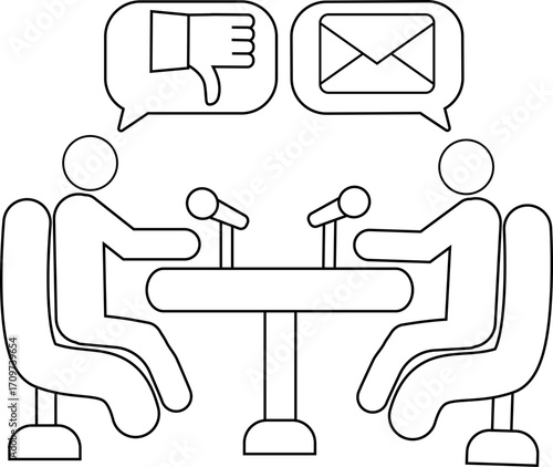 icon of two people on a podcast and a like icon and a message icon with a white background