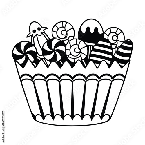 Vector illustration of a patterned candy bowl overflowing with various sweets and lollipops