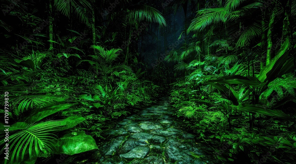 Fototapeta premium Lush jungle path, shrouded in green darkness