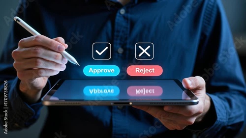 Man using tablet with stylus showing glowing approve and reject options, decision making concept, futuristic tech, Digital Checklist, Business Tasks