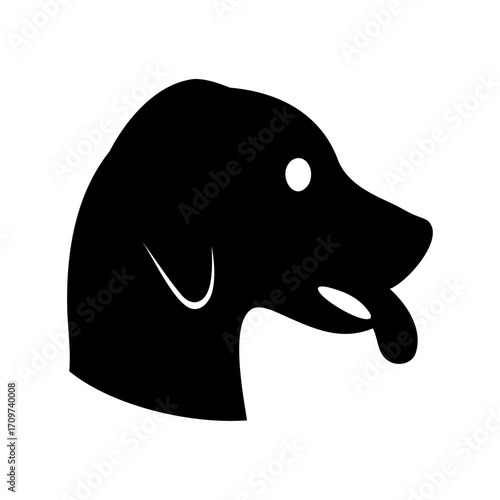 Black silhouette of a dog head with tongue out on white background