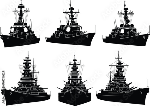 Warship silhouette vector set, modern destroyers, vintage battleships, naval ship views, military fleet illustration, side, front, angled perspectives, black graphic
