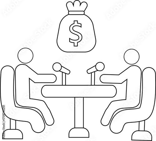 icon of two people on a podcast and icon of a sack of dollars on a white background