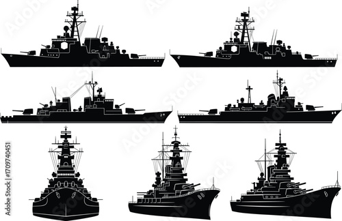 Warship silhouettes, naval fleet vector, military battleships, destroyers, cruisers, side and front views, maritime defense, vintage and modern warships illustration