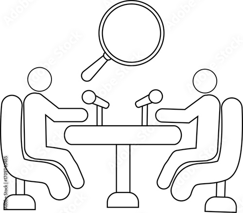 icon of two people on a podcast and a magnifying glass icon with a white background