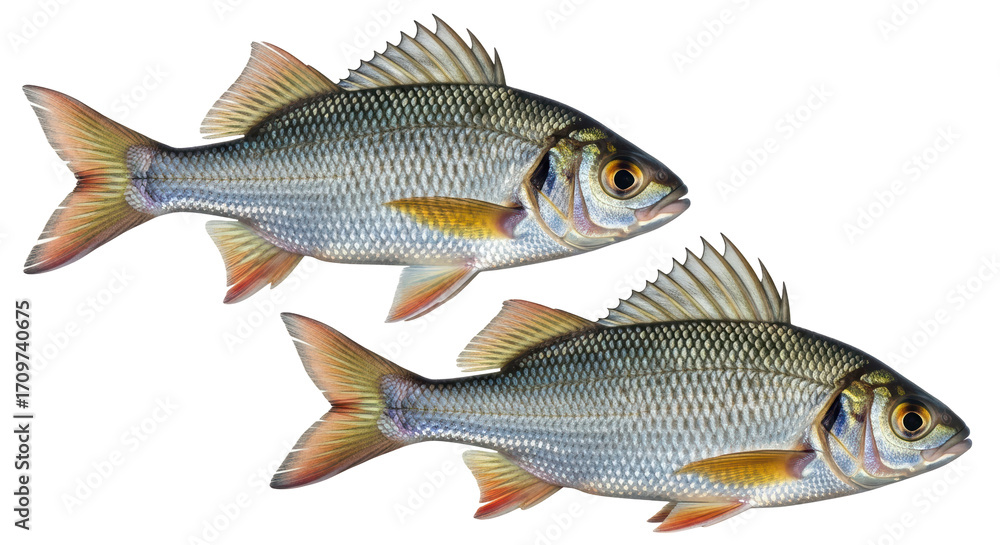 Fototapeta premium Isolated two fish in close-up, fresh and silvery freshwater animals, ready for cooking, food source