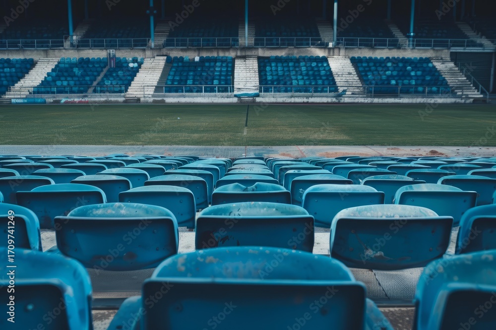 Fototapeta premium Rows of empty blue plastic seats facing a green soccer field in an empty stadium