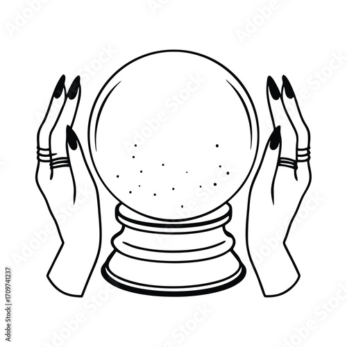 Mystic witch hand holding crystal ball vector illustration for fortune telling and magic