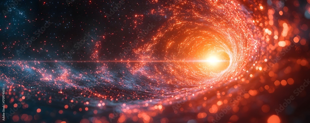 Obraz premium A bright energetic core illuminates a swirling cosmic vortex of luminous particles