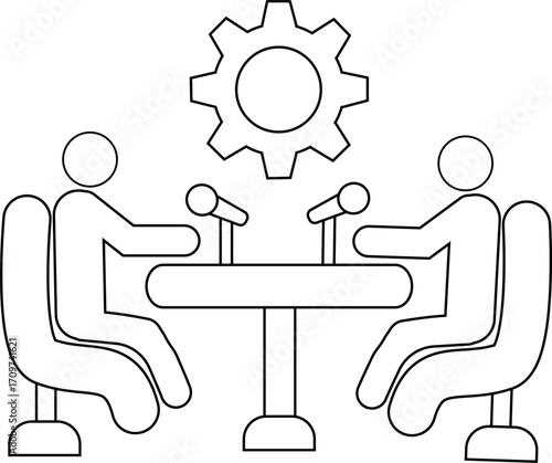 icon of two people on a podcast and a gear icon with a white background