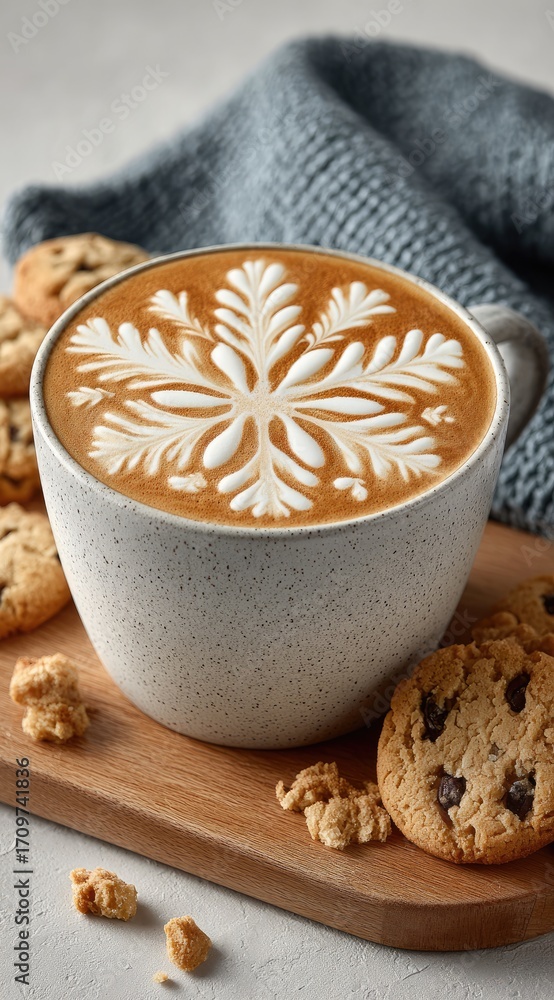 Fototapeta premium Latte art snowflake design on a mug, cookies, and a knit blanket