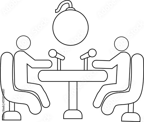 icon of two people on a podcast and a bomb icon with a white background