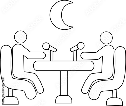 icon of two people on a podcast and a crescent moon icon with a white background