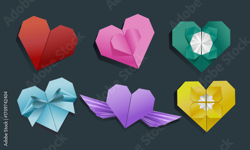 Origami Heart Illustration Collection with Colorful Paper Craft Design