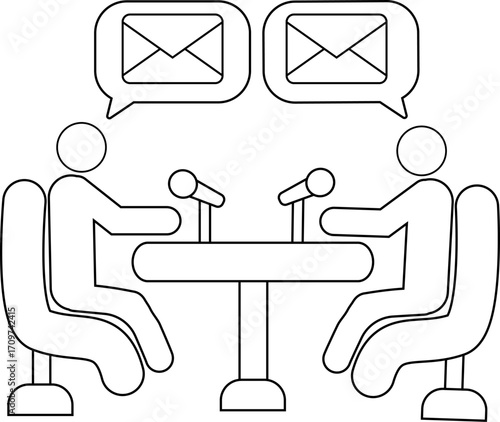 icon of two people on a podcast and a message icon with a white background