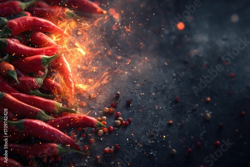 Fiery red chili peppers with flames and spice
