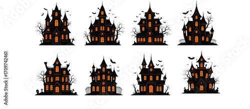 Set of eight spooky haunted houses with bats, dead trees, glowing windows, Halloween decorations, graveyard elements, and eerie night atmosphere