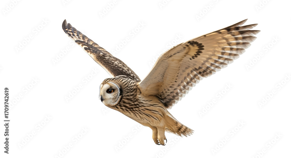 Fototapeta premium Isolated Short-eared Owl in Flight, graceful predator with outspread wings, hunting bird