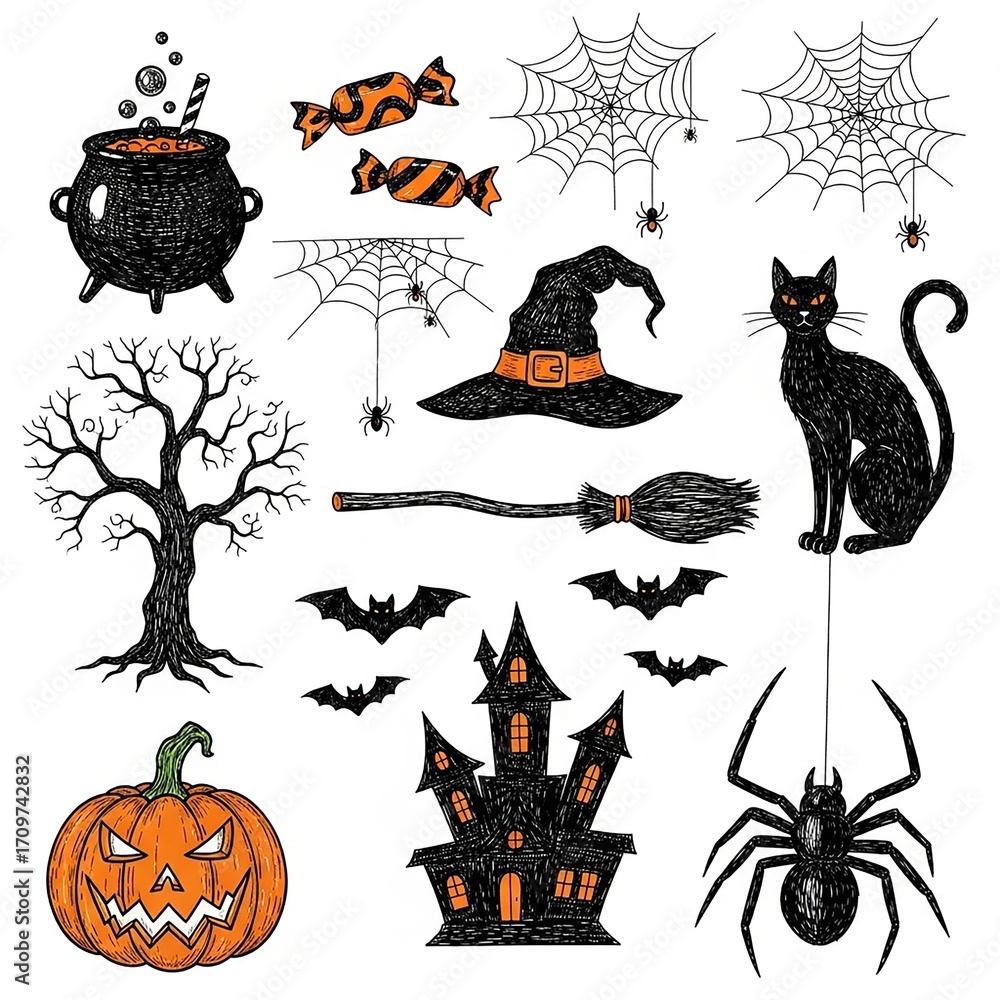 Obraz premium A collection of hand-drawn Halloween-themed doodle or sketch illustrations