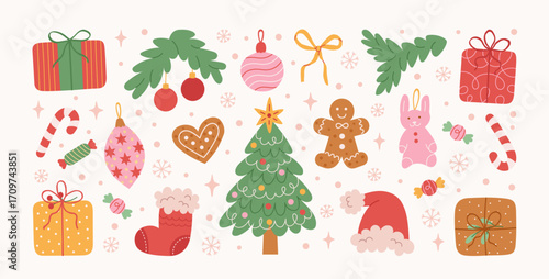 Cute set of Christmas hand drawn elements. Retro holiday Xmas graphic icons. Christmas tree, bow, gift, funny tree toys, candy, gingerbread, red socks.  Perfect for greeting card. Vector illustration.