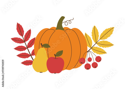 Autumnal arrangement of pumpkin, apple, pear, and berries with colorful leaves. Fall flat graphic design for seasonal greeting card or harvest festival. Vector